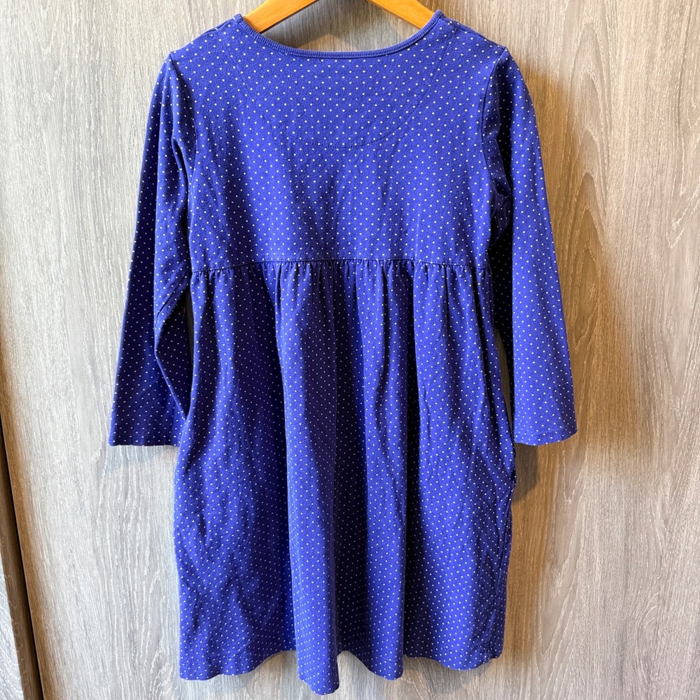 Lands End Polka Dot Knit Dress Girls 6 Blue Long Sleeve Empire Waist Pockets - Picture 4 of 5